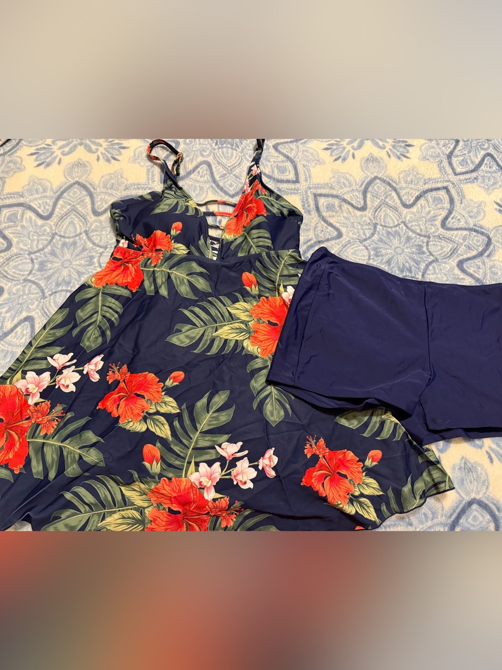 Navy Floral Halter Swim Dress with Navy Swim Shorts
